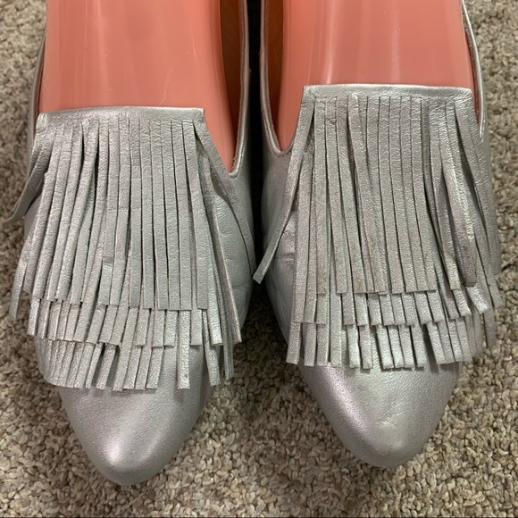 OQ Silver Metallic LEATHER Triple FRINGE Designer FLATS Shoes  37 - Picture 4 of 7